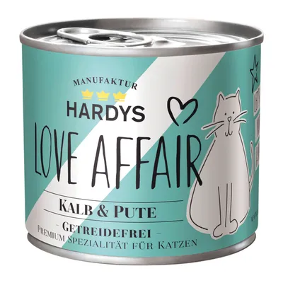 Hardys Love Affair Kalf & Kalkoen, graanvrij, premium specialiteit voor katten. Fabrikant met kroonlogo en hartsymbool op turquoise blik.