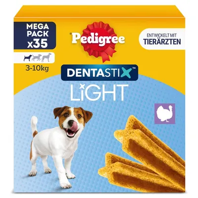 Pedigree Dentastix Light Mega Pack x35 för hundar 3–10 kg, utvecklad med veterinärer, smak kalkon.