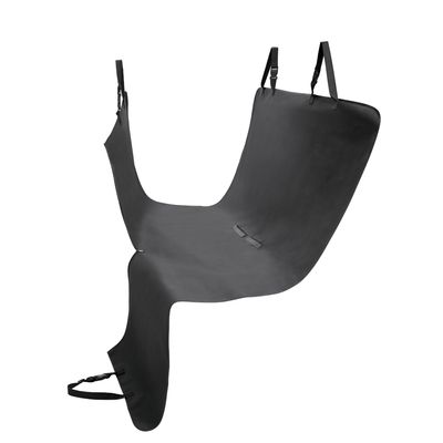 Schwarze Autoschondecke mit verstellbaren Gurten und Befestigungsschlaufen, geeignet für Rückbankschutz.