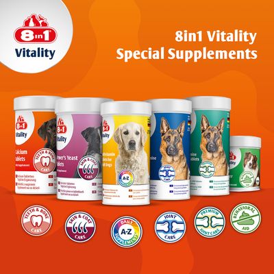 8in1 Vitality kosttilskud til hunde. Produkter: Calcium Tablets, Brewer's Yeast Tablets, Multivitamin Tablets, Joint Care, Premium Joint Care, Behavioral Aid.
