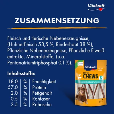 Vitakraft Dental Chews. Zusammensetzung: Hühnerfleisch 53,5 %, Rinderhaut 38 %, pflanzliche Nebenerzeugnisse, Mineralstoffe. Inhaltsstoffe: Feuchtigkeit 18 %, Protein 57 %, Fett 2 %, Rohfaser 0,5 %, Rohasche 2,5 %.