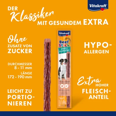 Vitakraft Beef Stick Hypoallergen mit Pute & Strauß. Ohne Zuckerzusatz, leicht zu portionieren, Durchmesser 8-11 mm, Länge 172-190 mm, extra hoher Fleischanteil.