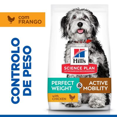 Hill's Science Plan Perfect Weight & Active Mobility com frango, para cães de porte médio 11-25kg, Adulto 1+, nutrição clinicamente testada. Sem conservantes ou aromas artificiais.