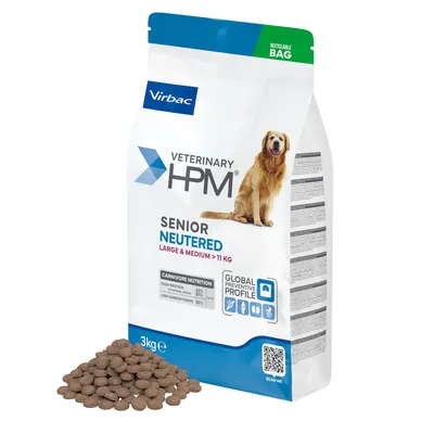Virbac Veterinary HPM Senior Neutered Large & Medium >11 kg, sac de 3 kg, croquettes visibles. Texte : Carnivore Nutrition protéines 32 %, matières grasses 12 %, glucides 30 %.