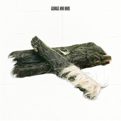 George and Bobs. Dwa kawałki futra o ciemnym i jasnym zabarwieniu, widocznie szorstki materiał.