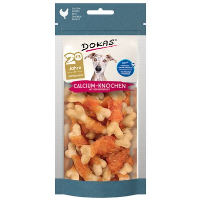 Dokas Calcium-Knochen mit Hühnerbrust, Tierwohl zertifiziert, geprüft vom SGS Institut Fresenius. Verpackung zeigt Knochen mit Hühnerfleisch.