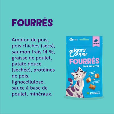 Edgard Cooper Fourrés avec ingrédients naturels : amidon de pois, pois chiches, saumon frais 14 %, graisse de poulet, patate douce, protéine de pois, lignocellulose, sauce de poulet, minéraux.