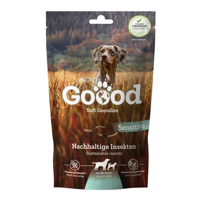 Goood Soft Goodies Sensitive. Nachhaltige Insekten, weizenfreie Rezeptur, für alle Rassen, heimische Superfoods. Made in Germany, Für mehr Tierwohl.