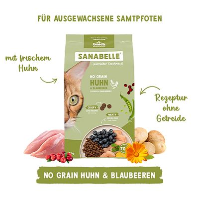 Sanabelle No Grain Huhn & Blaubeeren, Rezeptur ohne Getreide, mit frischem Huhn. Für ausgewachsene Samtpfoten. Verpackung mit Zutaten wie Blaubeeren und Kartoffeln abgebildet.
