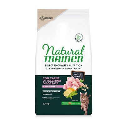 Natural Trainer Katzenfutter, 1,25kg, mit entbeintem Truthahnfleisch, Obst und Gemüse, ohne Getreide, für sterilisierte Katzen ab 12 Monaten. Verpackung recycelbar.
