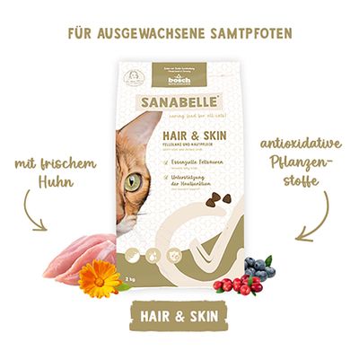 Sanabelle Hair & Skin mit frischem Huhn, essentielle Fettsäuren, antioxidative Pflanzenstoffe, Unterstützung der Hautfunktion, für ausgewachsene Samtpfoten.