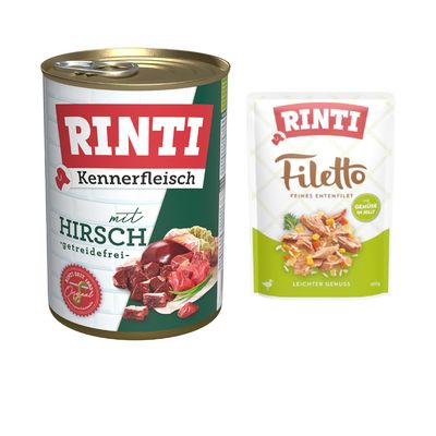 Rinti Kennerfleisch med kyckling, spannmålsfri. Bild av köttbitar och sigill 'Rinti seit 1983 Original'.