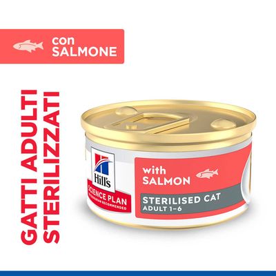 Hill's Science Plan Sterilised Cat Adult 1-6 con salmone. Gatti adulti sterilised. Lattina con la dicitura 'with Salmon'.
