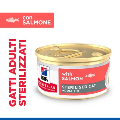 Hill's Science Plan Sterilised Cat Adult 1-6 con salmone. Gatti adulti sterilised. Lattina con la dicitura 'with Salmon'.