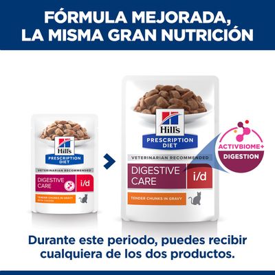 Hill's Prescription Diet Digestive Care i/d con fórmula mejorada, ActivBiome+ Digestion. Durante el periodo de transición, se pueden entregar ambos envases.
