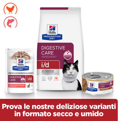 hill's prescription diet digestive care i/d per gatti, varianti in alimento secco e umido con pollo e salmone. Prova le nostre deliziose varietà.
