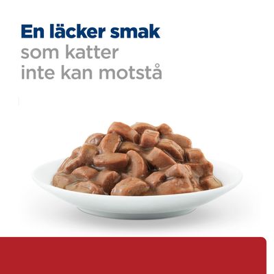 Skål med bruna köttbitar i sås. Text: 'En läcker smak som katter inte kan motstå' (En utsökt smak som katter inte kan motstå).