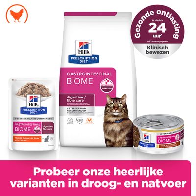 Hill's Prescription Diet Gastrointestinal Biome kattenvoer, verkrijgbaar als droog- en natvoer. Gezonde verlichting binnen 24 uur, klinisch bewezen.