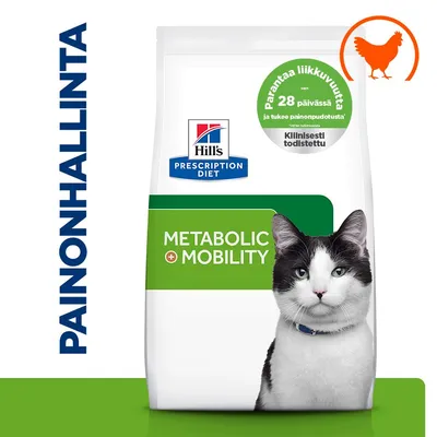 Hill's Prescription Diet Metabolic + Mobility -kissanruoka. Parantaa liikkuvuutta 28 päivässä, tukee painonpudotusta. Kliinisesti testattu. Näkyvissä kanan symboli. Hill's Prescription Diet Metabolic + Mobility -kissanruoka. Parantaa liikkuvuutta 28 päivässä, tukee painonpudotusta. Kliinisesti testattu. Näkyvissä kanan symboli.