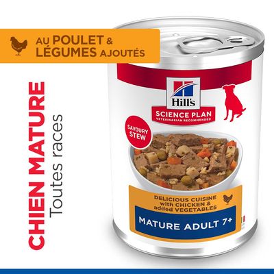 Hill's Science Plan Savoury Stew, Mature Adulte 7+, au poulet et aux légumes, pour chiens âgés de toutes races. Texte : Délicieuse recette au poulet et légumes ajoutés.