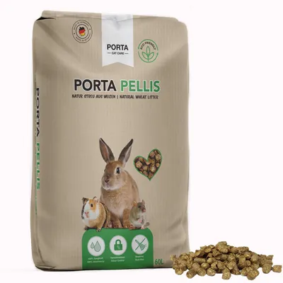 Saco de 60 L de Porta Pellis, cama natural de trigo para animais, com imagens de coelho, cobaia e rato. Texto visível: 'Eco Friendly', '400% Saugkraft', 'Geruchsbinder', 'Staubarm'.