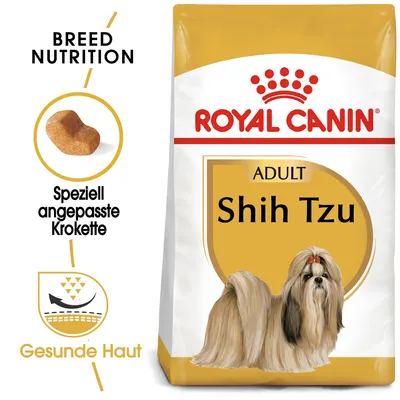 Royal Canin Adult Shih Tzu Hundefutter. Speziell angepasste Krokette für gesunde Haut. Breed Nutrition Konzept sichtbar. Royal Canin Adult Shih Tzu Hundefutter. Speziell angepasste Krokette für gesunde Haut. Breed Nutrition Konzept sichtbar.