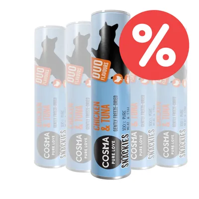 Cosma Snackies Duo Flavours Chicken & Tuna, gefriergetrocknet, 100% reines Fleisch und Fisch. Rote Prozent-Symbol für Rabatt sichtbar.