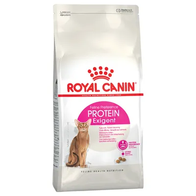Sachet de croquettes ROYAL CANIN Feline Preference PROTEIN Exigent, illustration d’un chat, texte en anglais et autres langues, pastille Protein Preference visible sur l’emballage.