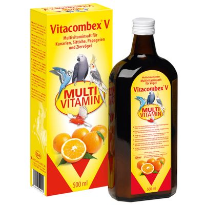 Flacon Vitacombex V, texte allemand : Multivitaminsaft für Ziervögel, étiquette avec oiseaux et mention MULTI VITAMIN. Bouteille en verre brun avec bouchon blanc.