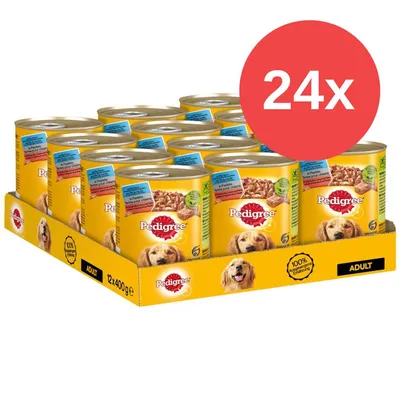 Pedigree Adult comida húmeda para perros, 24x400g latas, 100% nutrición equilibrada, con trozos de carne en salsa. El envase muestra imagen de perro y detalles del producto.
