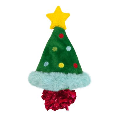 Jouet pour animal en forme de sapin de Noël vert avec étoile jaune, pompons colorés, base en fausse fourrure bleue et boule brillante rouge en bas. Matières visibles : tissu, plastique.