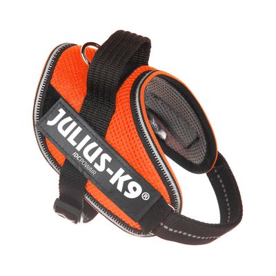 Шлейка JULIUS-K9 IDC POWAIR оранжевого цвета с отражающими швами и черной лентой.