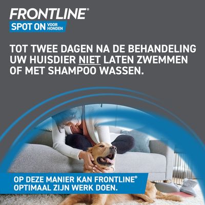 Frontline Spot On voor honden: Laat uw huisdier na de behandeling twee dagen niet zwemmen of met shampoo wassen, zodat Frontline optimaal werkt.