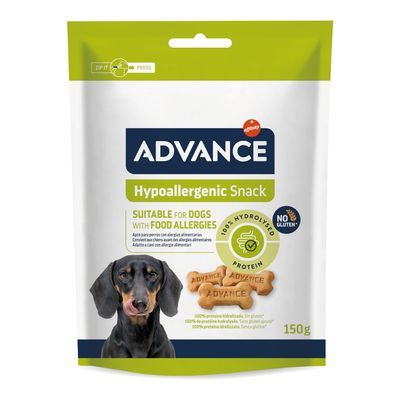 ADVANCE Hypoallergenic Snack, geschikt voor honden met voedselallergieën, 100% gehydrolyseerd eiwit, geen gluten, verpakking van 150 g. Tekst in het Engels zichtbaar op de verpakking.