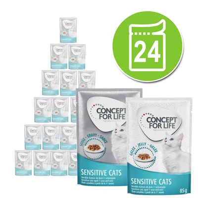 Lot de 24 sachets Concept for Life Sensitive Cats, 85 g chacun, pour chats sensibles à partir de 1 an. Deux variétés visibles : sauce et gelée. Marque et nom du produit clairement affichés. Lot de 24 sachets Concept for Life Sensitive Cats, 85 g chacun, pour chats sensibles à partir de 1 an. Deux variétés visibles : sauce et gelée. Marque et nom du produit clairement affichés.