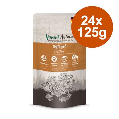 Venandi Animal Premium macskaeledel, szárnyas, 24x,125g. Természetes, regionális összetevők, különösen sok hús, gabonamentes.