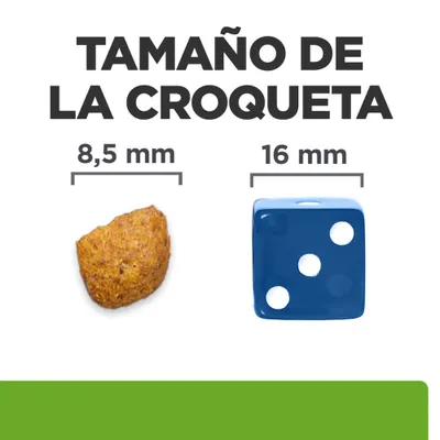 Comparación del tamaño de las croquetas: croqueta con un diámetro de 8,5 mm junto a un cubo con una longitud de lado de 16 mm.