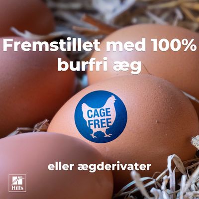 Fremstillet med 100% burfrie æg eller ægprodukter. Tryk på ægget: Cage Free. Mærke: Hill's.