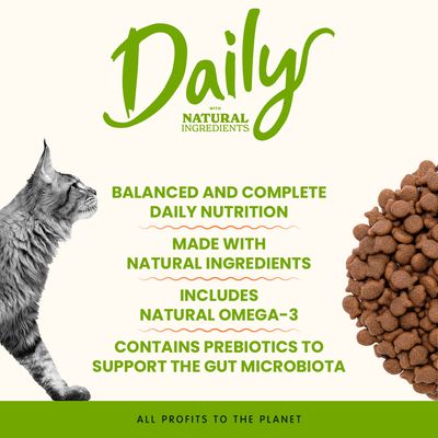 Daily with natural ingredients. Balanced and complete daily nutrition, made with natural ingredients, contains omega-3 and prebiotics to support intestinal flora.