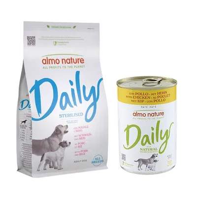Almo Nature Daily Trockenfutter + 6 x 400 g Ausgewähltes Nassfutter zum Sonderpreis! - 1,2 kg Sterilised all Breeds Schwein & Reis + 6 x 400 g Huhn Almo Nature Daily Trockenfutter + 6 x 400 g Ausgewähltes Nassfutter zum Sonderpreis! - 1,2 kg Sterilised all Breeds Schwein & Reis + 6 x 400 g Huhn