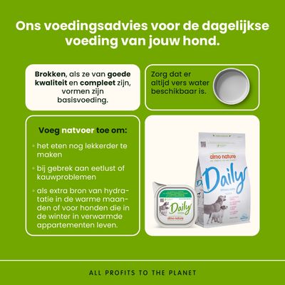 Voedingsadvies voor honden: Droogvoer als basis, natvoer als aanvulling, altijd vers water beschikbaar stellen. Producten: almo nature Daily.