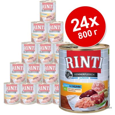 24 банки по 800 г Rinti Kennerfleisch Junior с курицей, изображение упаковки и составных ингредиентов на этикетке.