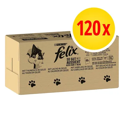 Opakowanie Purina Felix, 120x. Widoczne smaki: tuńczyk w galarecie, łosoś w galarecie, dorsz w galarecie, mintaj w galarecie. Duży napis 120x na żółtym tle.