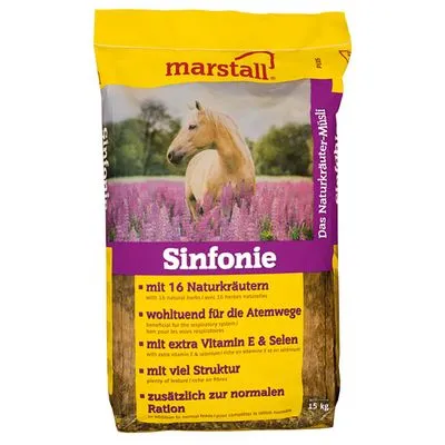 marstall Sinfonie Das Naturkräuter-Müsli, 15 kg zak. Tekst: mit 16 Naturkräutern, wohltuend für die Atemwege, mit extra Vitamin E & Selen, mit viel Struktur, zusätzlich zur normalen Ration.