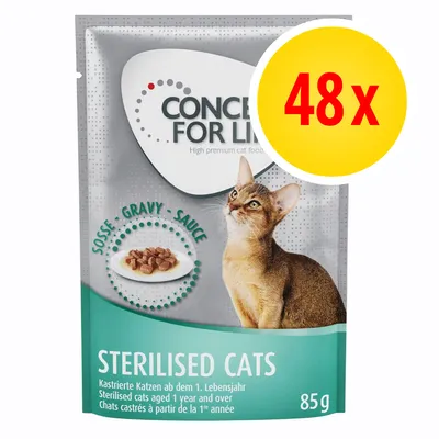 CONCEPT FOR LIFE Sterilised Cats natvoer in saus, 85g zakje, afbeelding van kat en portie voer, voordeelverpakking 48x
