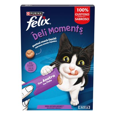 Purina Felix Deli Moments folyékony snack csirkével, alacsony kalóriatartalommal, finom falatok. A csomagoláson macska snackkel és '100% lecker' felirattal.