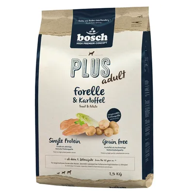 Bosch Plus Adult pstruh a brambory, jedno bílkovina, bez obilovin, od 1. roku, 2,5 kg. Vybraný zdroj surovin, vhodné při nesnášenlivosti krmiva a alergiích.