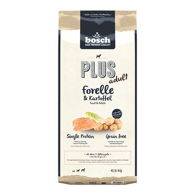 Bosch Plus Adult πέστροφα & πατάτα, μονοπρωτεϊνικό, χωρίς δημητριακά, από 1 έτους, 12,5 kg. Ποιοτική ξηρά τροφή για σκύλους με ευαίσθητη πέψη και αλλεργίες.