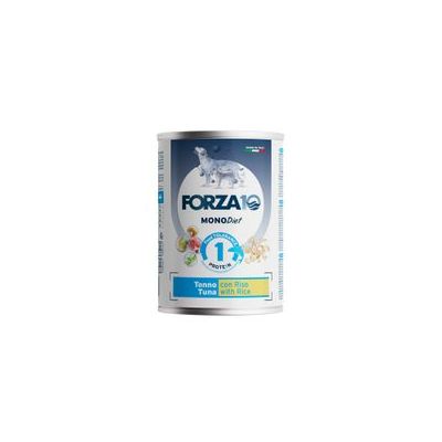 FORZA10 MONODiet 1 Protein, tonhal rizzsel, konzerv kutya képével és összetevőkkel, olasz és angol nyelvű szöveggel.