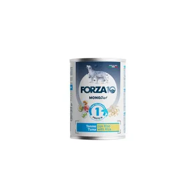 FORZA10 MONODiet 1 Protein, tonhal rizzsel, konzerv kutya képével és összetevőkkel, olasz és angol nyelvű szöveggel. FORZA10 MONODiet 1 Protein, tonhal rizzsel, konzerv kutya képével és összetevőkkel, olasz és angol nyelvű szöveggel.